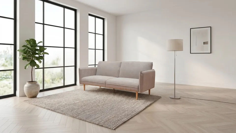 Sofá cama Montecarlo ambientado en un espacio de descanso, trabajo de producto de Josue Rizzo para Simmons